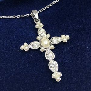 Jackie Kennedy Diamond & Pearl Cross Necklace
